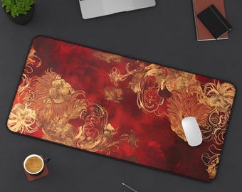 Fiery Floral Lion Desk Mat | Red Gold Lion Mouse Pad | Artistic Workspace Decor