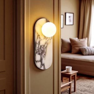 Calacatta Viola Marble Wall Sconce – Mid-Century Modern Wall Light | Handmade Stone Lighting for Hallway, Living Room, or Artful Accent