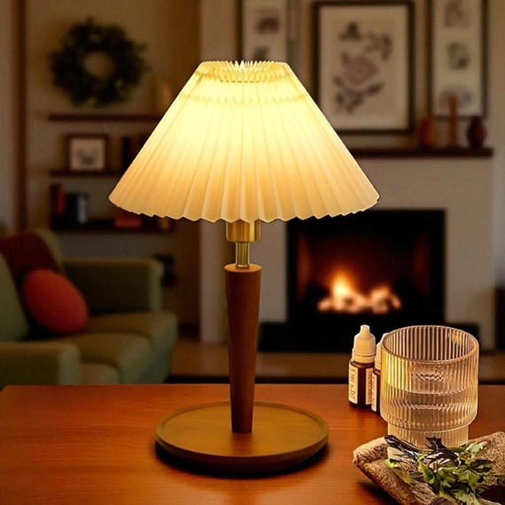 Vintage Pleated Table Lamp – Solid Walnut Wood Full Brass Base