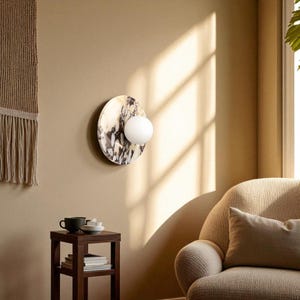 Calacatta Viola Rosso Marble Wall Sconce – Handmade Minimalist Light | Modern Wall Lamp with Stoneware Globe | Sculptural Wall Art