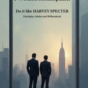 Könnte beinhalten: Zwei Männer in Anzügen blicken durch ein großes Fenster auf eine Stadt. Der Text oben lautet "4-Wochen Monatsplaner" und "Do it like HARVEY SPECTER". Das Bild hat ein professionelles Thema.