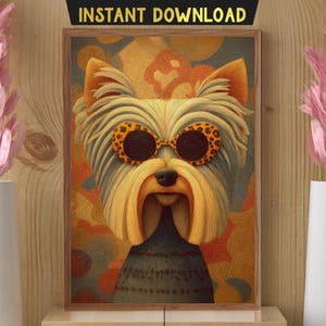 Cool Yorkshire Terrier Dog Digital Wall Art, Funny Yorkie Portrait in Sunglasses, Retro Digital Print for Dog Lovers, Pet Decor Download