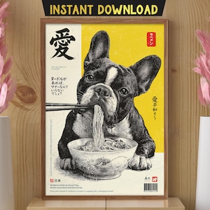 Digitale französische Bulldogge Wandkunst, Welpe essen Ramen druckbare Wanddekoration, Premium-Qualität Frenchie Hundeportrait, Hundeposter im japanischen Stil