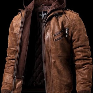 Men’s Brown Leather Bomber Jacket with Hoodie – Vintage Motorcycle Style