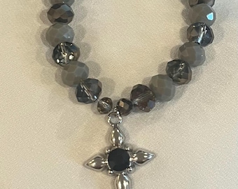 Cross Beaded Bracelet – Black & Gray Handmade Faith Jewelry – Christian Gift for Men or Women