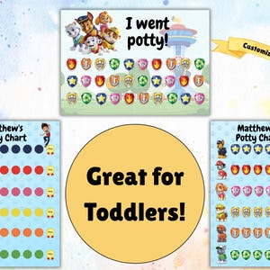 Puede incluir: Gráficos de entrenamiento para ir al baño con personajes de Paw Patrol, con el texto "I went potty!" y "Matthew's Potty Chart." Los gráficos tienen espacios para pegatinas y también se ve el texto "Great for Toddlers!"