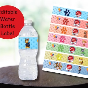 Paw Patrol Birthday Water Bottle Labels Editable Template | Printable Party Decor | Instant Download Customizable PDF for Kids Party