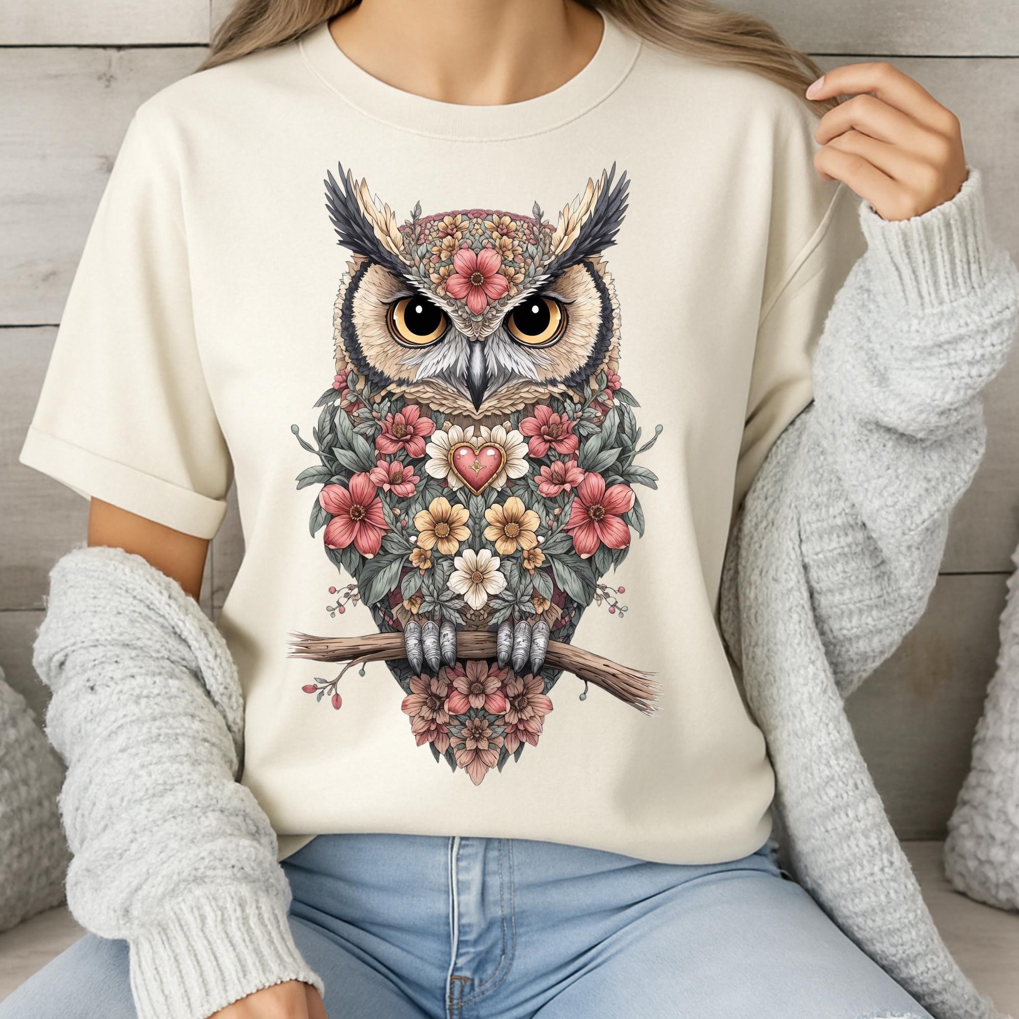 Floral Owl PNG: Boho Flower & Heart Design (Digital Download)
