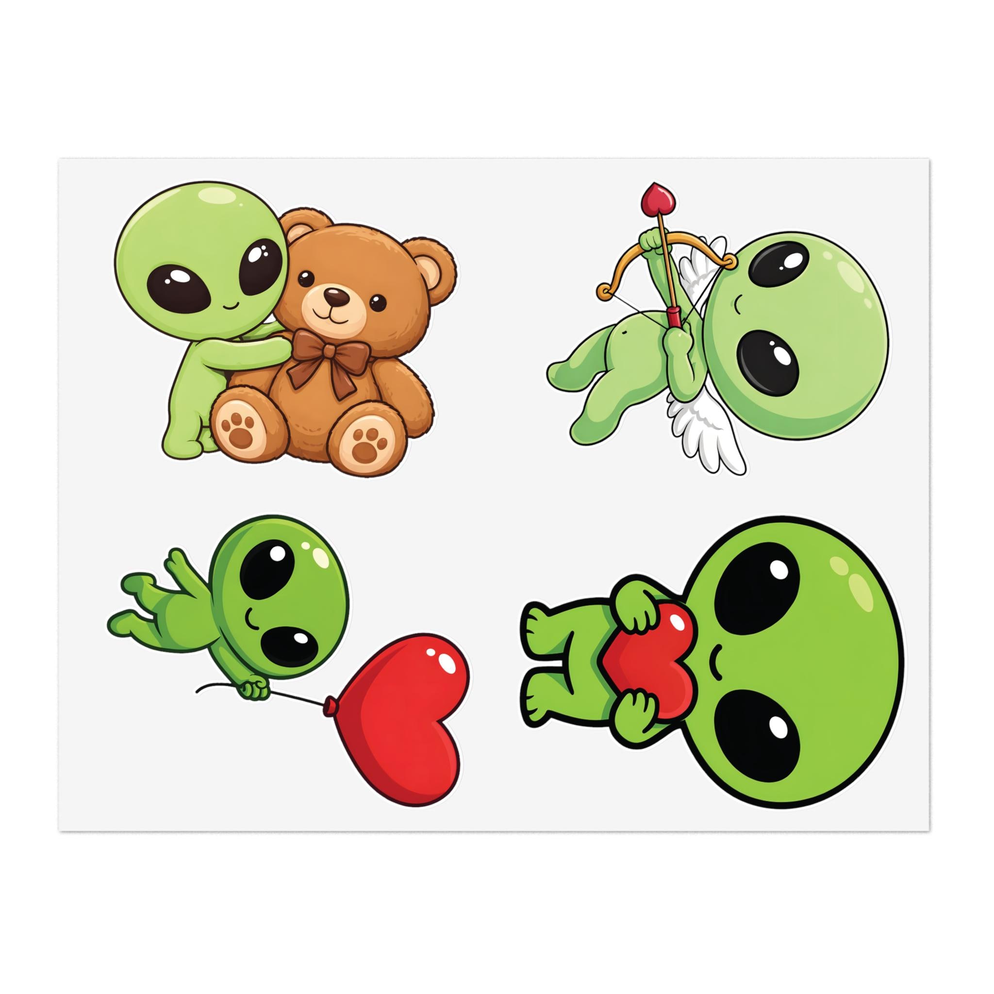 Cute Alien Valentine Stickers Kawaii Space Aliens With Adorable Hearts ...
