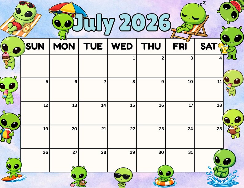 Editable July 2026 Calendar Printable July Planner Printable Cute Alien
