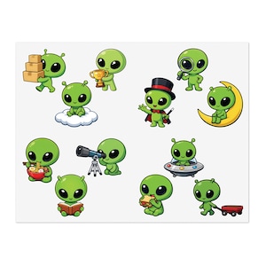 May include: A collection of cartoon green aliens in various poses. One alien carries boxes, another holds a trophy, and others are on a cloud, a crescent moon, and in a spaceship. Some aliens are eating ramen, reading a book, and using a telescope.