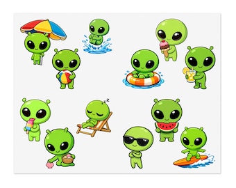 Cute Alien Stickers Summer Sticker Sheet Kawaii Space Stickers Beach Alien Decals Funny Trendy Sticker Aesthetic Sticker Water Bottle Laptop