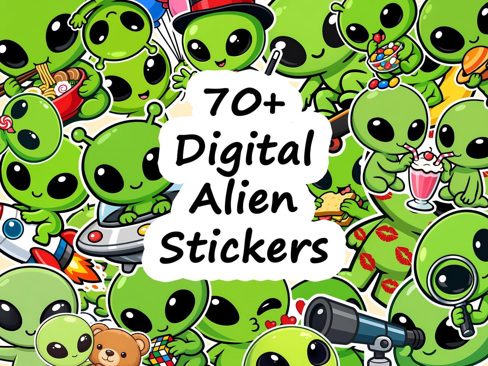 Cute Alien Digital Stickers 70+ Kawaii Space PNG Clipart Bundle Instant ...