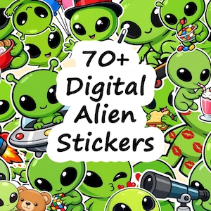 Cute Alien Digital Stickers 70+ Kawaii Space PNG Clipart Bundle Instant Download Printable Planner Stickers for GoodNotes and Cricut