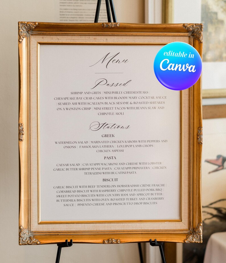 Wedding Menu Sign Template | Script Canva Reception Food Menu ...
