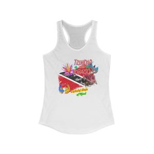 May include: White racerback tank top featuring a graphic design with the text "TRINIDAD AND TOBAGO" and the phrase "Carnival State of Mind." The design includes the Trinidad and Tobago flag and colorful carnival-themed elements.