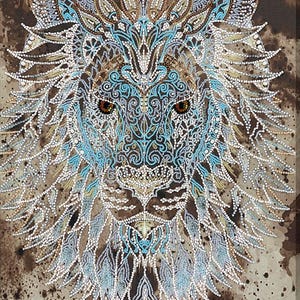 May include: An ornate lion's head illustration, showcasing a detailed design in blue, white, and brown. The artwork has a textured finish, with the lion's mane and face meticulously crafted with small, dot-like details, creating a striking visual.