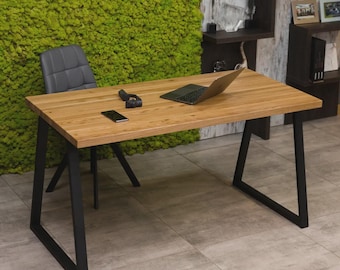 Wood Writing Desk, Modern Office Desk, Computer Desk, Handmade Solid Wood Laptop Table, Side Table, Wood Desk with Metal Legs, Study Desk