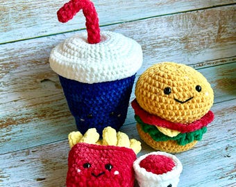 Kawaii Burger Meal Crochet Pattern, Amigurumi Food (PDF)