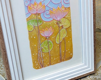 Framed original artwork, "Lotus flowers", original artwork handmade by artist Eerin Vink. Pink lotus flowers wall art. Frame included.