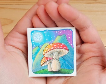 Miniature original artwork, title: "Mushroom mountains", tiny original artwork handmade by artist Eerin Vink. Mushroom art, Amanita muscaria