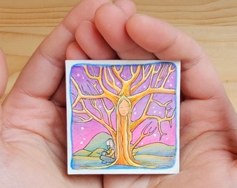 Miniature original artwork, title: "Mother Tree", tiny original artwork handmade by artist Eerin Vink. Tree original miniature, original art