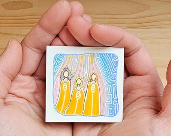 Miniature original artwork, title: "Sisterhood", tiny original artwork handmade by artist Eerin Vink. Sisterhood art, woman art, feminine