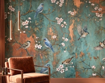 Mural de pared de pájaros de estilo chinoiserie / Papel pintado botánico color cobre verdoso / Decoración floral maximalista vintage