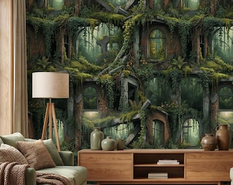 Overgrown Ruins Peel and Stick Wall Mural | Abandoned Building Wallpaper | Dark Forest Nature Decor Gothic Jungle Wall Art