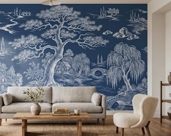 Navy Toile de Jouy Mural | Pastoral Peel and Stick Wallpaper | Countryside Decor