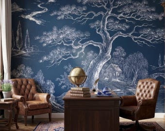 Navy Toile de Jouy Mural | Pastoral Peel and Stick Wallpaper | Countryside Decor