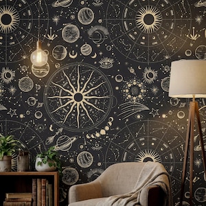 Papel de Parede Adesivo Estrela Celestial | Papel de Parede Astrologia Sombria do Zodíaco | Decoração Cósmica Espacial Vintage