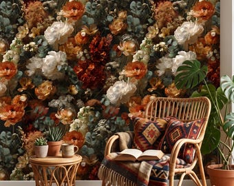 Vintage Pfingstrose Peel and Stick Tapete, dunkles Blumen Wandbild, stimmungsvolle Maximalist Raumdeko