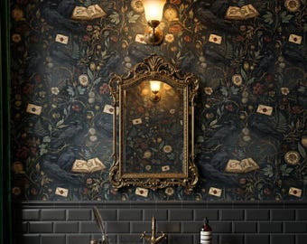 Dark Academia Raven Wall Mural, Witchy Botanical Peel & Stick Wallpaper, Gothic Bird Vintage Decor