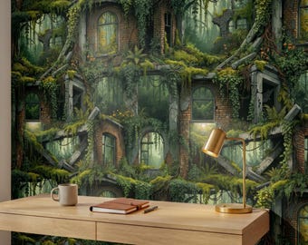 Mural de pared autoadhesivo de ruinas cubiertas de vegetación / Papel pintado de edificio abandonado / Decoración gótica de selva forestal