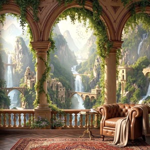 May include: A digital art print depicting a picturesque landscape with waterfalls, bridges, and buildings. The scene is framed by arched columns with climbing vines, a leather armchair, and a bookshelf. A rug and a small table with a cup and books are also visible.