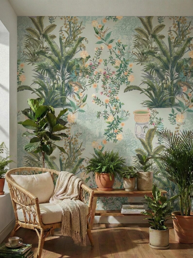 Sage Green Tropical Garden Mural | Peel & Stick Botanical Wallpaper ...
