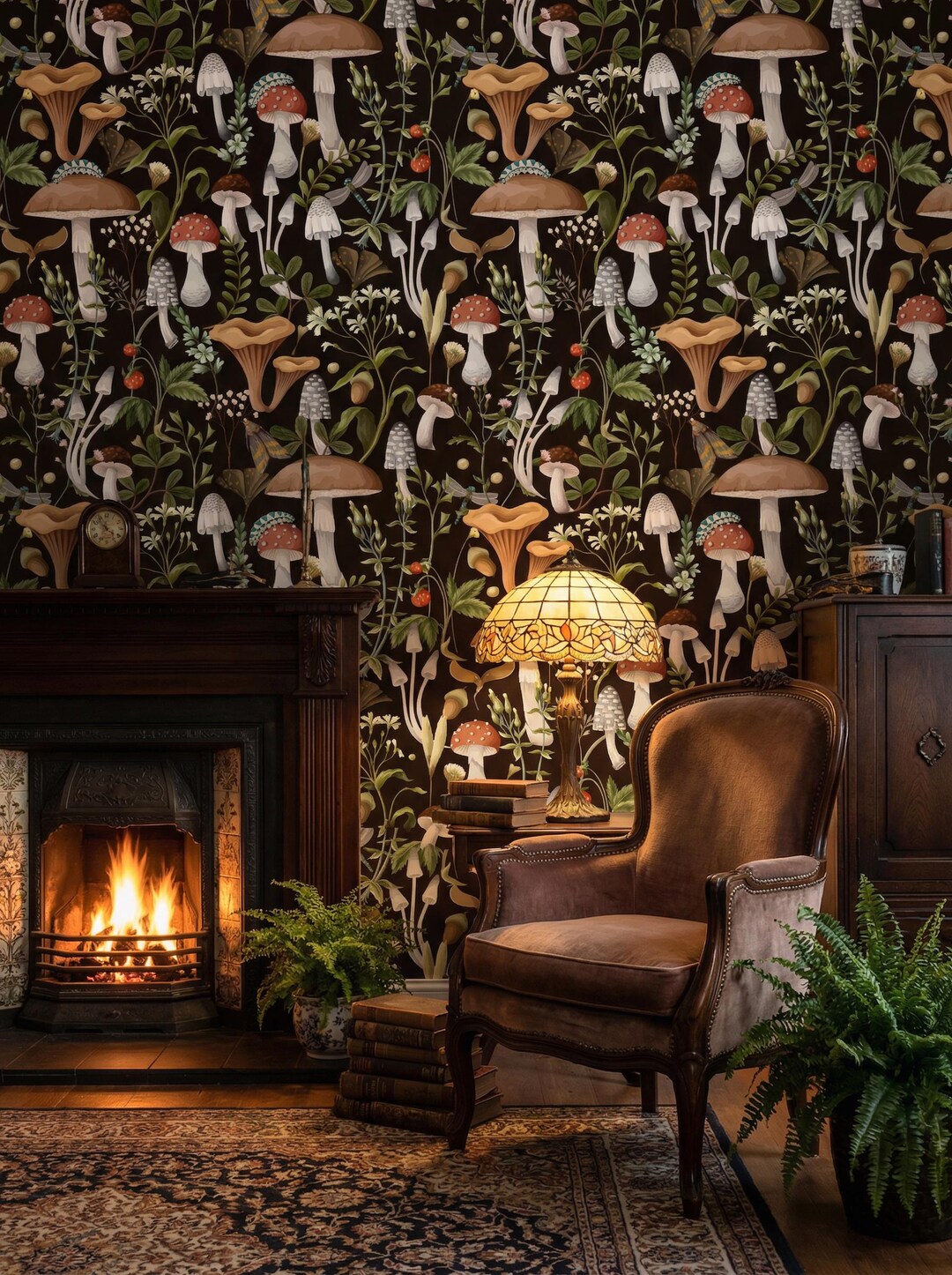 Dark Mushroom Forest Peel and Stick Wallpaper | Cottagecore Botanical ...