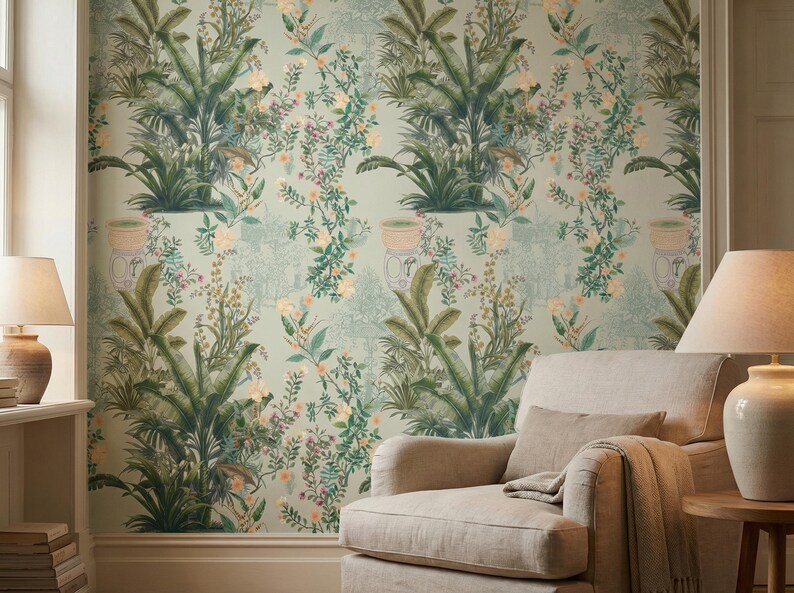 Sage Green Tropical Garden Mural | Peel & Stick Botanical Wallpaper ...