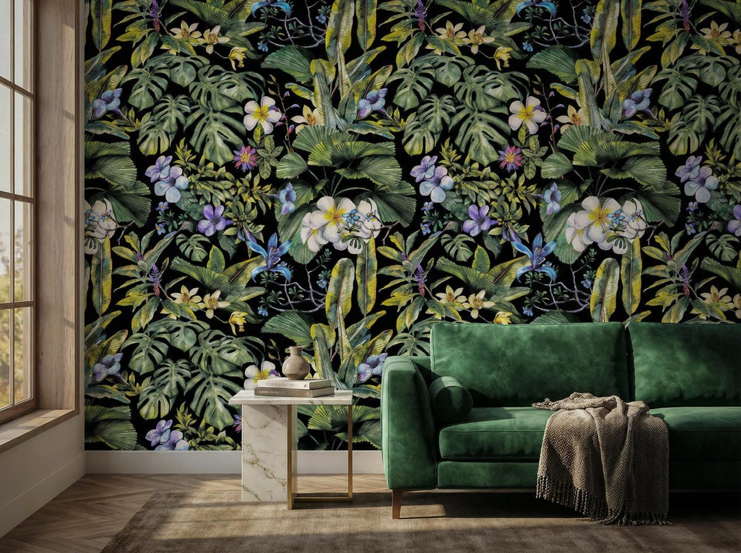 Dark Tropical Wall Mural | Black Botanical Peel and Stick Wallpaper ...