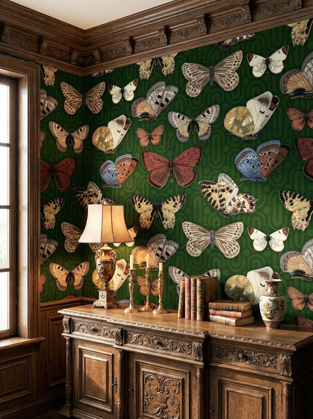 Vintage Butterfly Wall Mural | Dark Green Moth Wallpaper | Antique ...