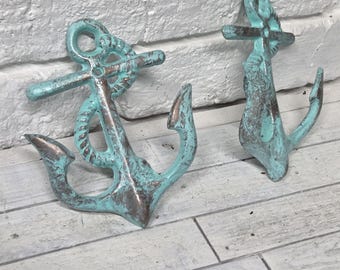 Set of Cast Iron Anchor Wall Hooks, Patina, Nautical Accents