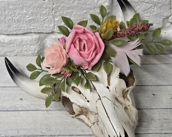 Skull with Pink Flower Crown , Cow  Skull Wall Decor, Boho Gift