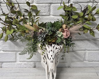Longhorn Skull (fake) with Flower Crown, Decorative Animal Skull