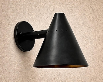 Modern Black Cone Wall Sconce | Mid Century Brass Fixture (Hardwired)