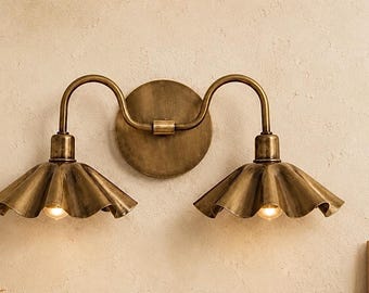 Handcrafted Brass Double Wall Sconce, Vintage Shade Vanity ,hardwire & plug-in