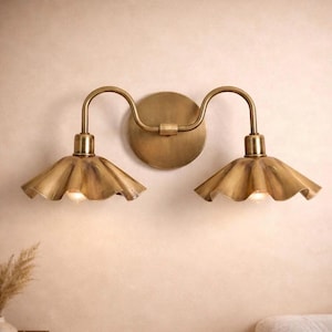 Handcrafted Brass Double Wall Sconce, Vintage Shade Vanity ,hardwire & plug-in