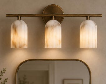 Alabaster Bathroom Vanity Light, Brass 3-Light Wall Sconce, Modern Luxury Bathroom Mirror Light Fixture
