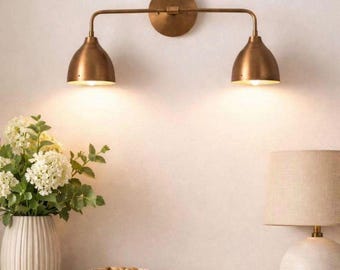 Handcrafted Double Shade Brass Wall Sconce – Antique Brass Finish – Mid-Century Modern Lighting Fixture