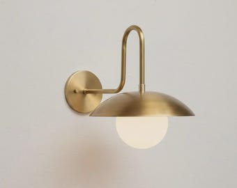 Mid-Century Modern Brushed Brass Gooseneck Wall Sconce with Dome Shade and Opal Glass Globe